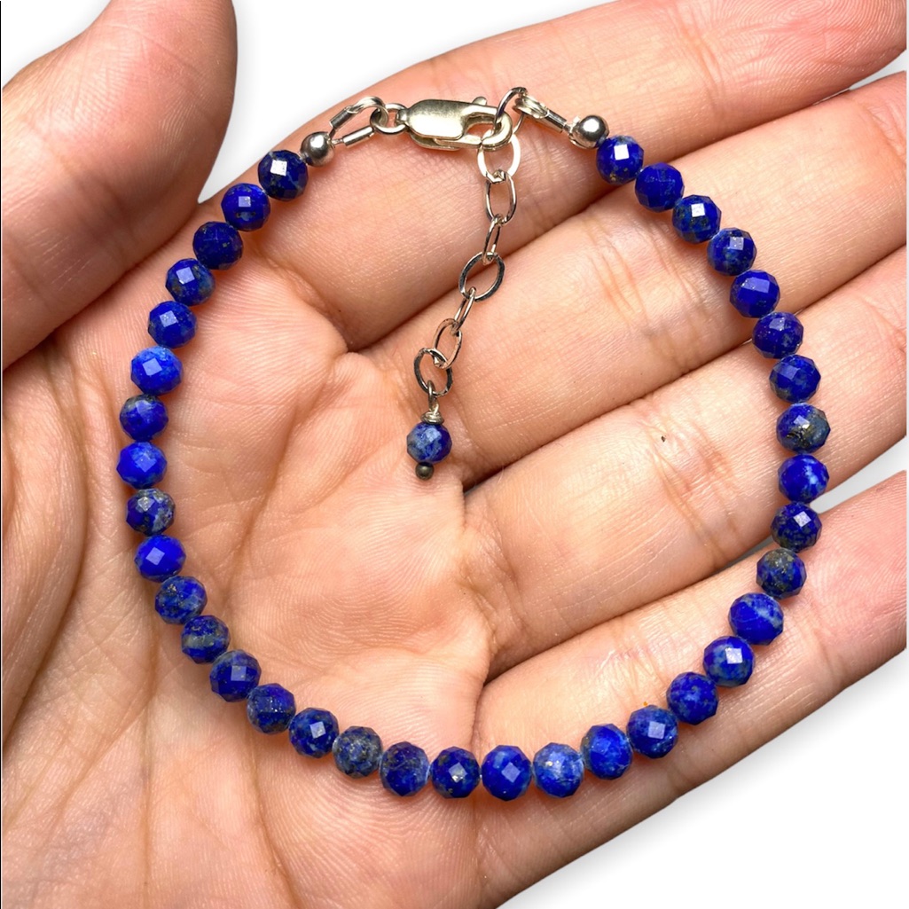 Lapis Lazuli Sterling Silver Beaded Bracelet Adjustable Dainty Handmade Jewelry